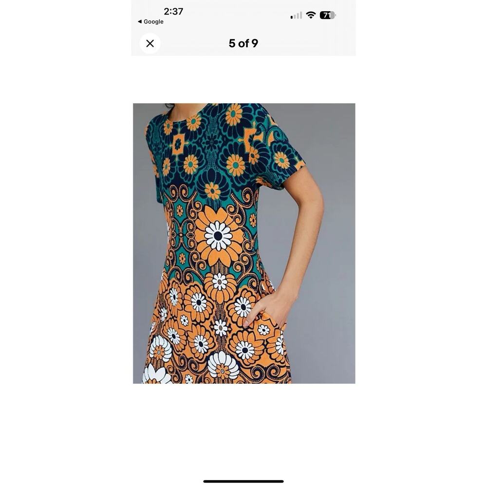Anthropologie Maeve Floral Shift Mini Dress Medium Retro 70’s Green/Orange